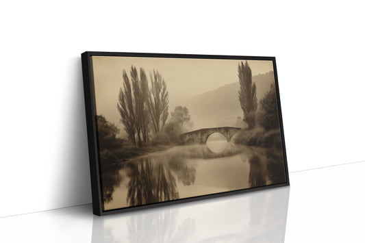 Foggy Bridge Among Tall Poplars