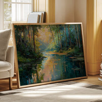 Sunlit Waters Between Tall Pines