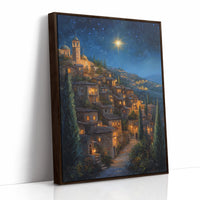 Starry Night Village Canvas Print - Enchanting Landscape Art - Brown Framed Canvas image 1