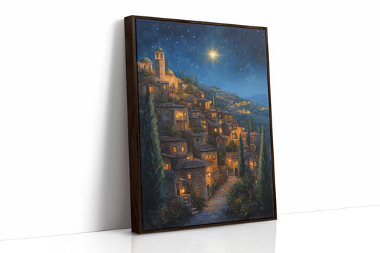 Starry Night Village Canvas Print - Enchanting Landscape Art - Brown Framed Canvas image 1
