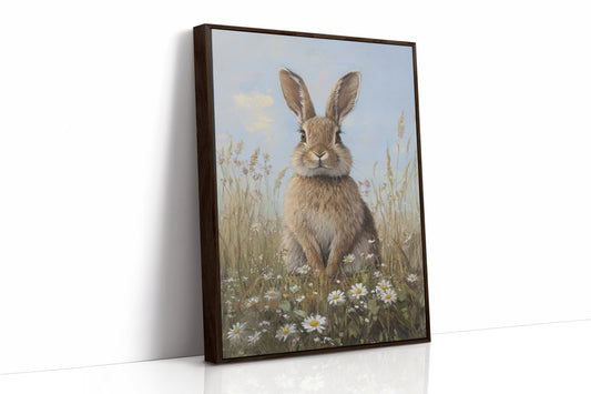 Charming Rabbit Portrait Canvas - Whimsical Animal Art - Brown Framed Canvas image 1