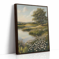 Tranquil Meadow Landscape Painting - Serene Nature Art - Brown Framed Canvas image 1