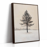 Solitary Pine Winter Canvas - Minimalist Nature Art - Brown Framed Canvas image 1
