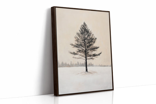 Solitary Pine Winter Canvas - Minimalist Nature Art - Brown Framed Canvas image 1