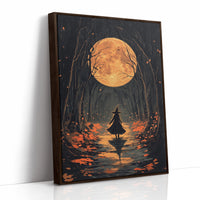 Witch Under Full Moon Art Print - Enchanting Autumn Scene - Brown Framed Canvas image 1