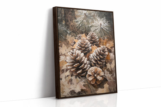 Winter Pinecone Forest Art Print - Rustic Nature Decor - Brown Framed Canvas image 1