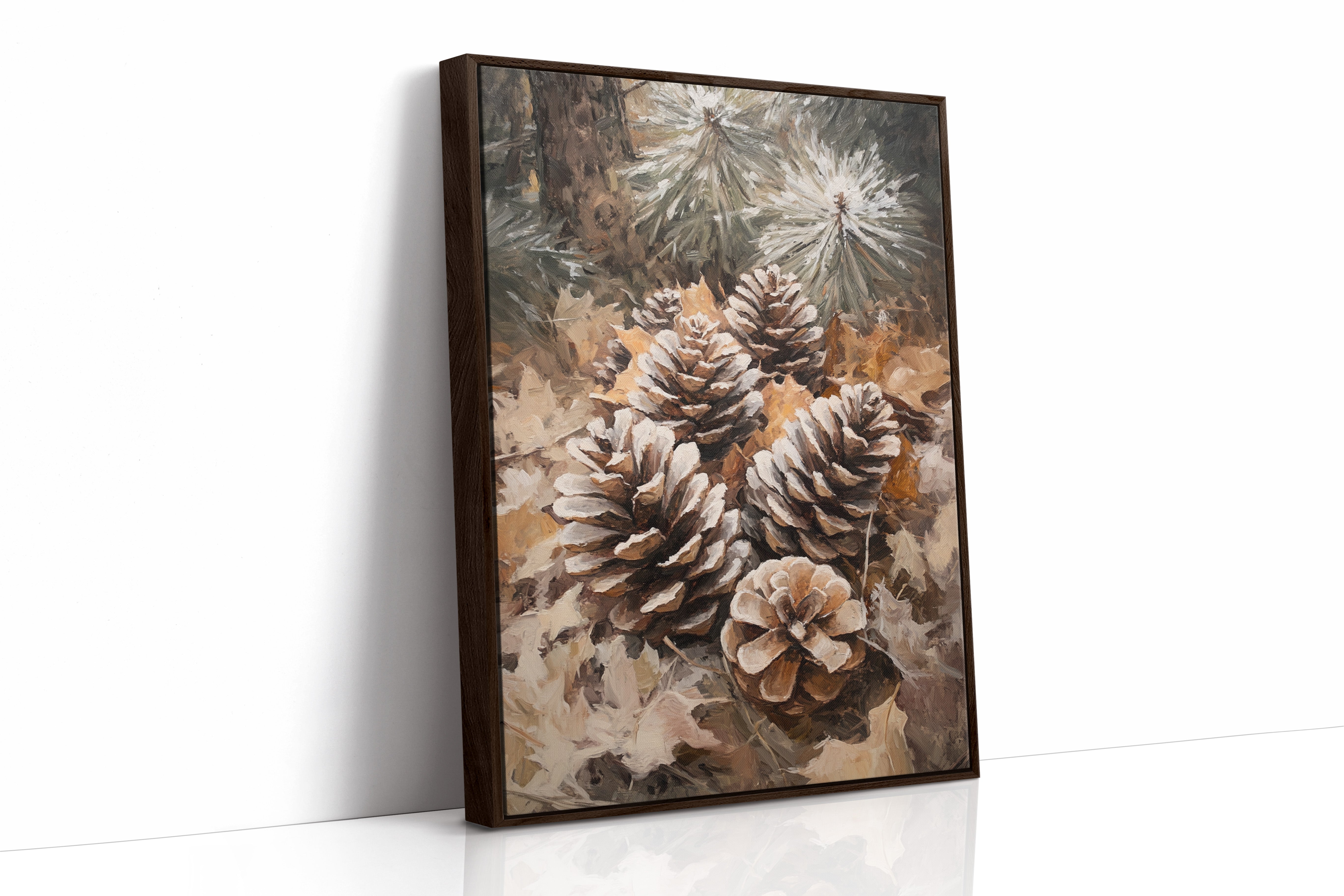 Winter Pinecone Forest Art Print - Rustic Nature Decor - Brown Framed Canvas image 1