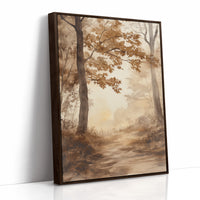 Serene Autumn Forest Pathway - Watercolor Landscape Art - Brown Framed Canvas image 1