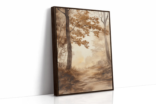 Serene Autumn Forest Pathway - Watercolor Landscape Art - Brown Framed Canvas image 1