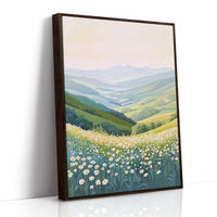 Tranquil Meadow Landscape Art Print - Pastel Scenic Decor - Brown Framed Canvas image 1