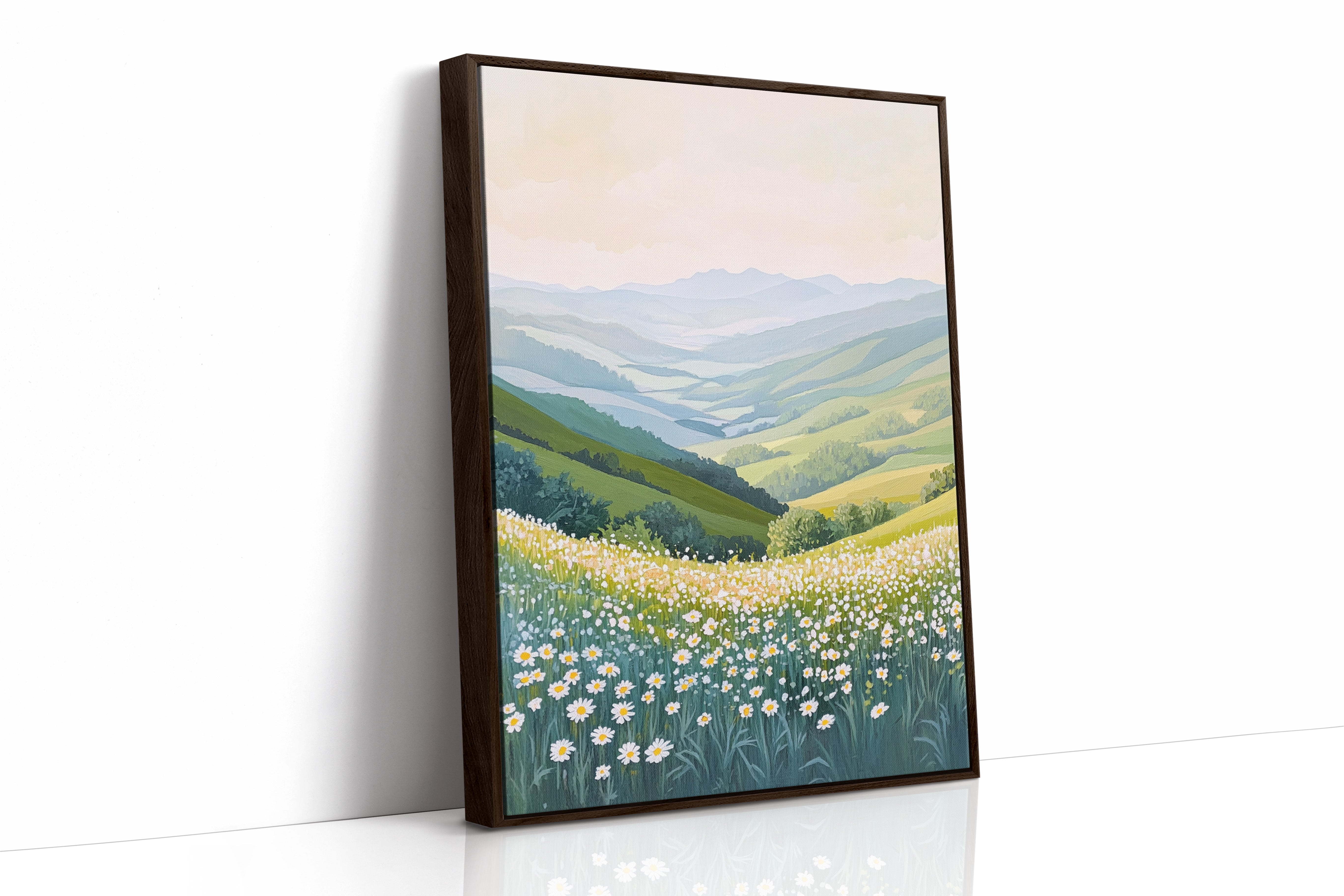 Tranquil Meadow Landscape Art Print - Pastel Scenic Decor - Brown Framed Canvas image 1