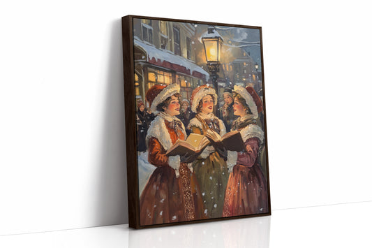 Vintage Carolers Christmas Print - Festive Holiday Art - Brown Framed Canvas image 1