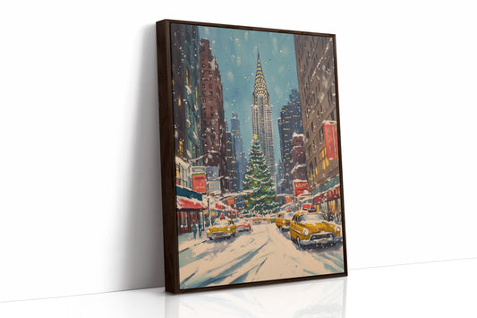 New York Winter Cityscape Canvas - Festive Urban Art - Brown Framed Canvas image 1