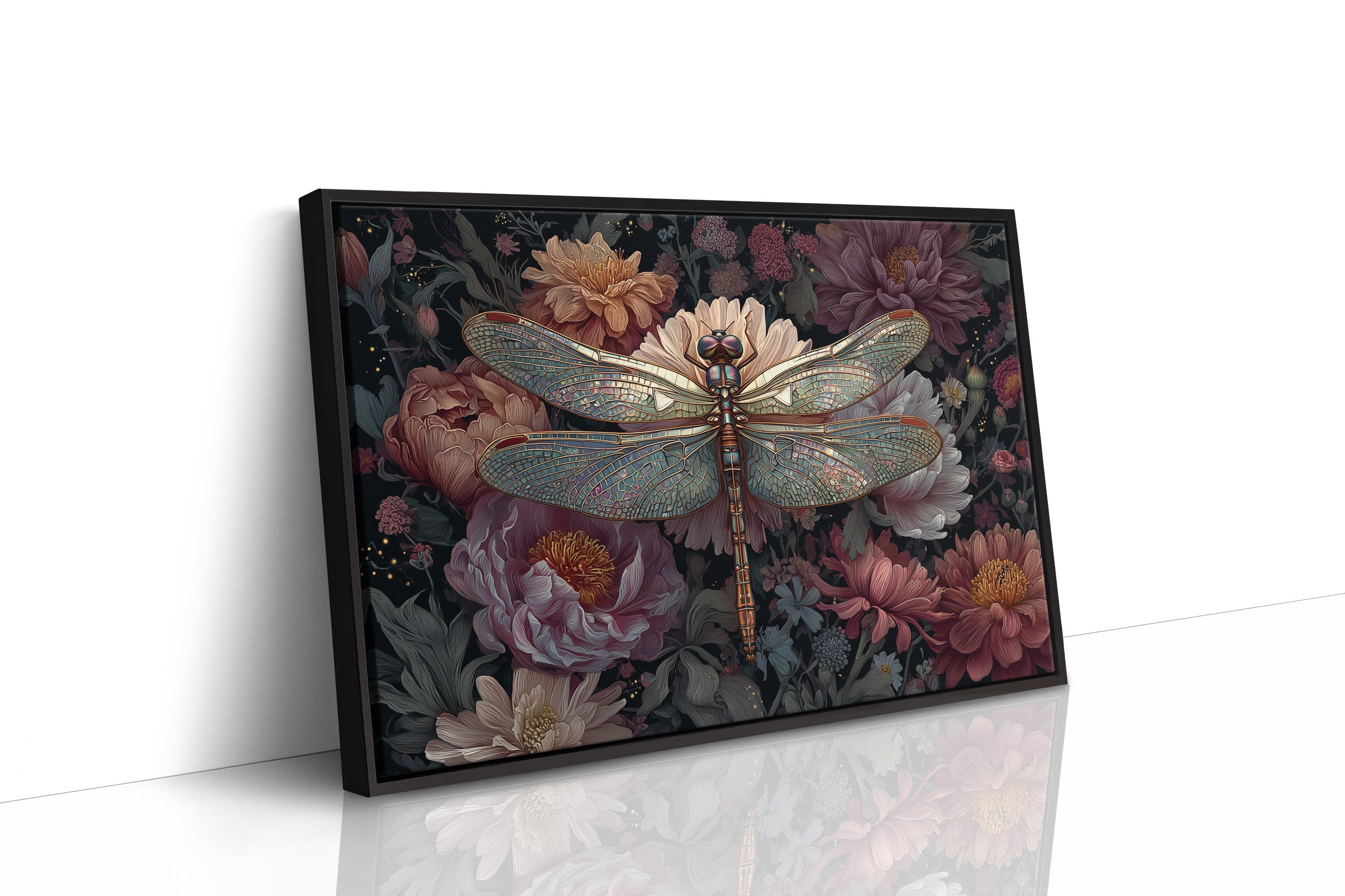 Iridescent Wings Among Blooming Peonies