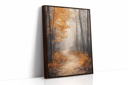 Golden Autumn Pathway Canvas Print - Tranquil Nature Art - Brown Framed Canvas image 1