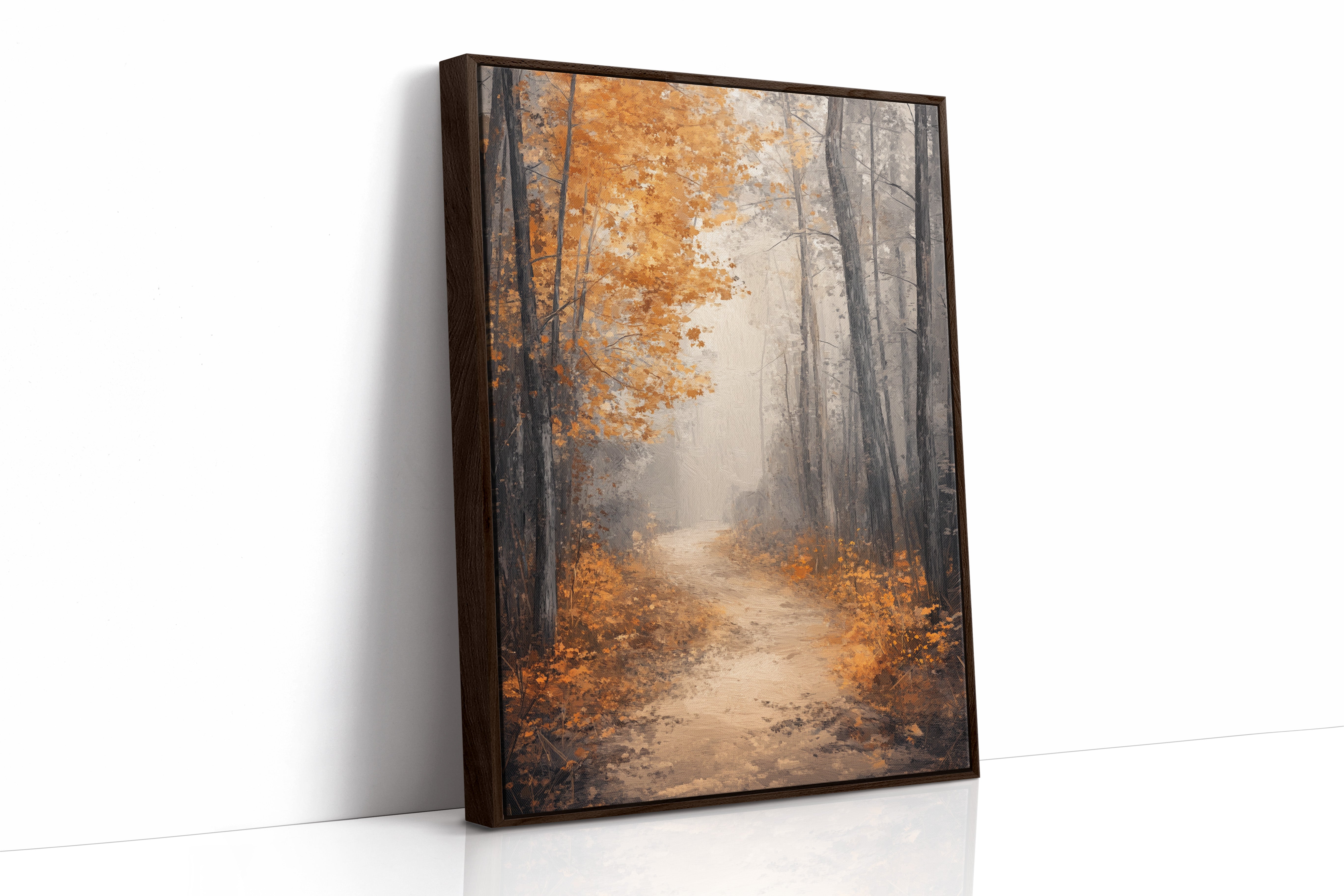 Golden Autumn Pathway Canvas Print - Tranquil Nature Art - Brown Framed Canvas image 1