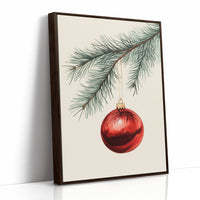 Festive Red Ornament Watercolor Print - Holiday Wall Art - Brown Framed Canvas image 1
