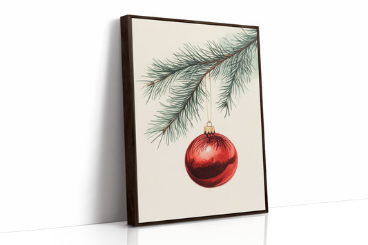 Festive Red Ornament Watercolor Print - Holiday Wall Art - Brown Framed Canvas image 1