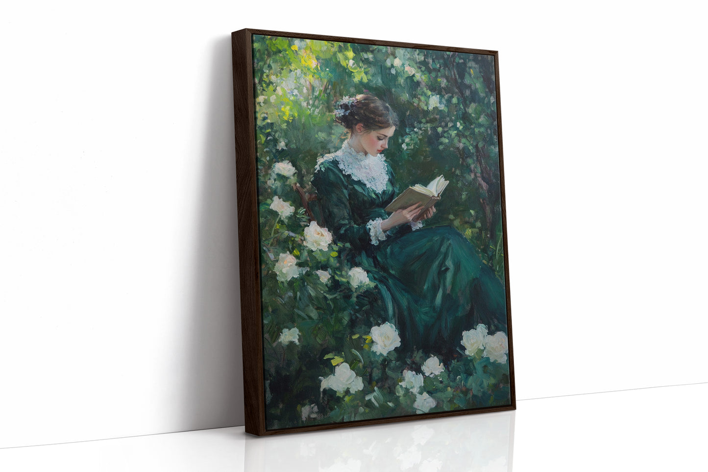 Victorian Lady Reading Portrait - Romantic Garden Art - Brown Framed Canvas image 1