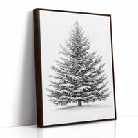 Snow-Covered Pine Tree Drawing - Winter Botanical Art - Brown Framed Canvas image 1