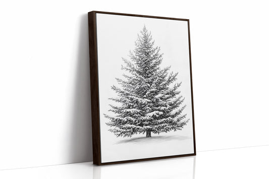Snow-Covered Pine Tree Drawing - Winter Botanical Art - Brown Framed Canvas image 1
