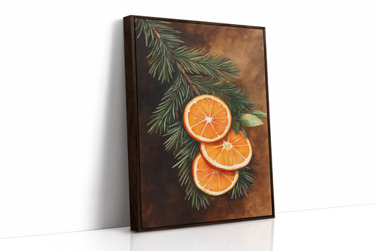 Orange Slice Pine Branch Print - Rustic Nature Art - Brown Framed Canvas image 1