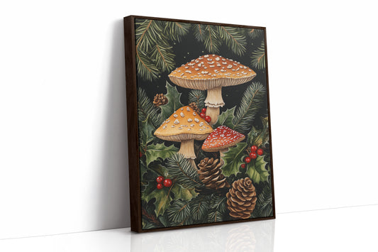 Enchanted Mushroom Forest Print - Woodland Holiday Decor - Brown Framed Canvas image 1