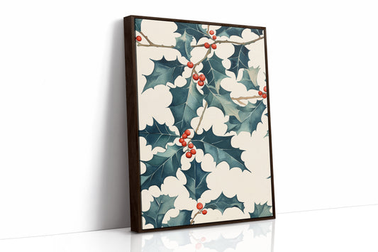 Festive Holly Berry Print - Botanical Holiday Decor - Brown Framed Canvas image 1