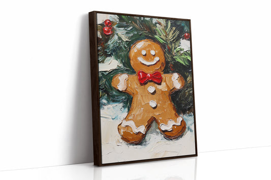 Gingerbread Man Oil Painting - Festive Holiday Art - Brown Framed Canvas image 1