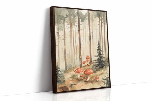 Enchanted Forest Mushroom Print - Whimsical Nature Art - Brown Framed Canvas image 1