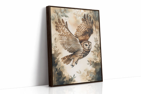 Majestic Owl Watercolor Print - Nature Wildlife Art - Brown Framed Canvas image 1