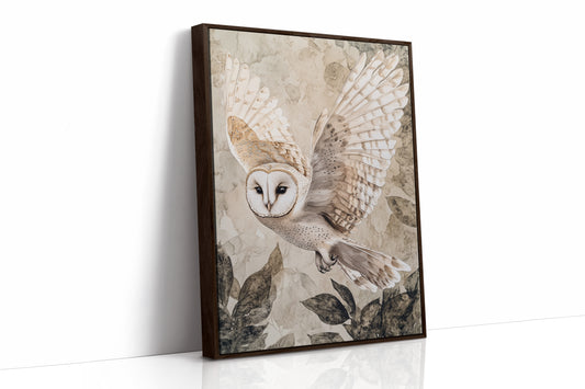 Barn Owl Watercolor Art Print - Nature Wildlife Decor - Brown Framed Canvas image 1