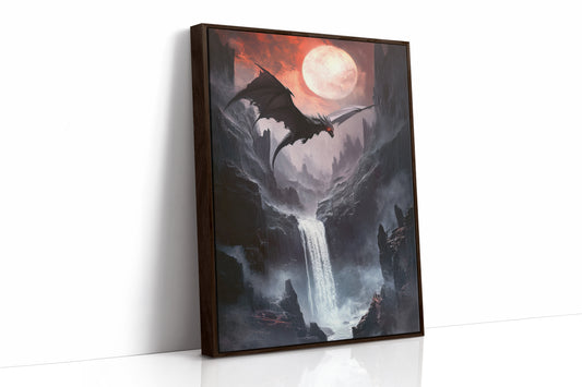 Dragon Over Moonlit Canyon - Fantasy Wall Art - Brown Framed Canvas image 1