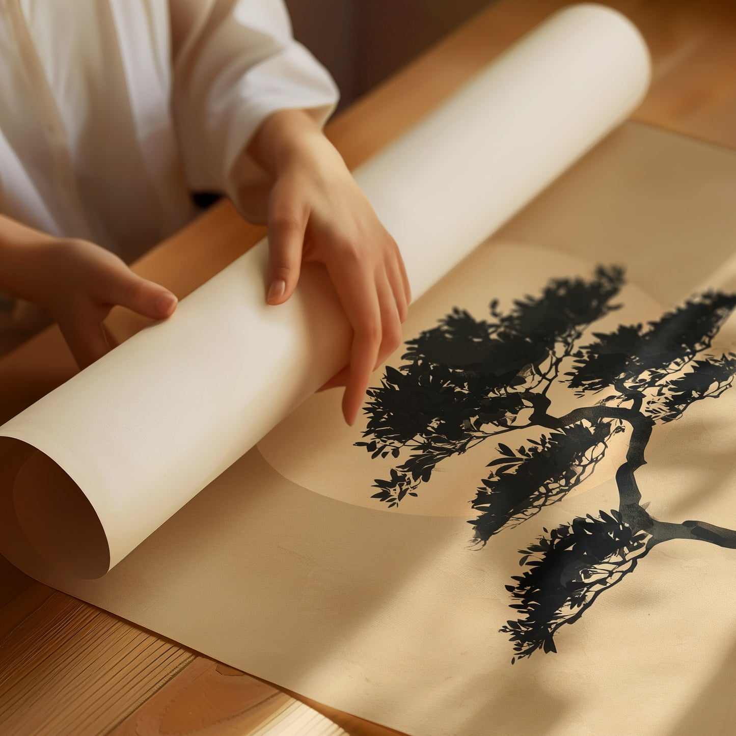 Bonsai Silhouette Against Rising Moon