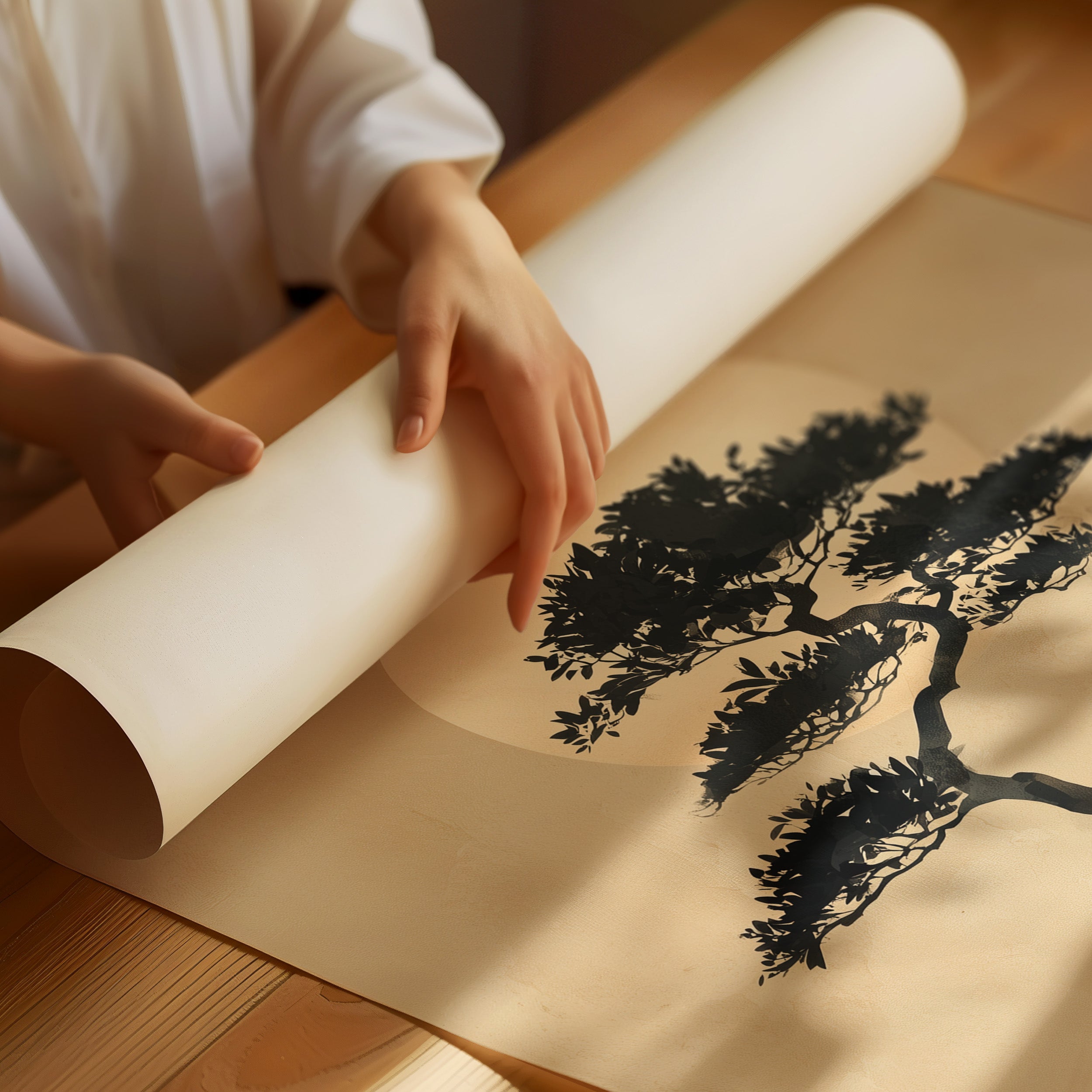 Bonsai Silhouette Against Rising Moon
