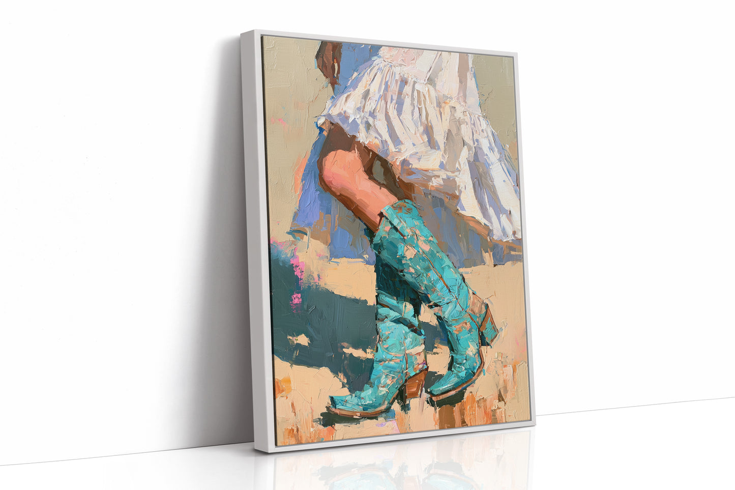 White Dress, Turquoise Boots