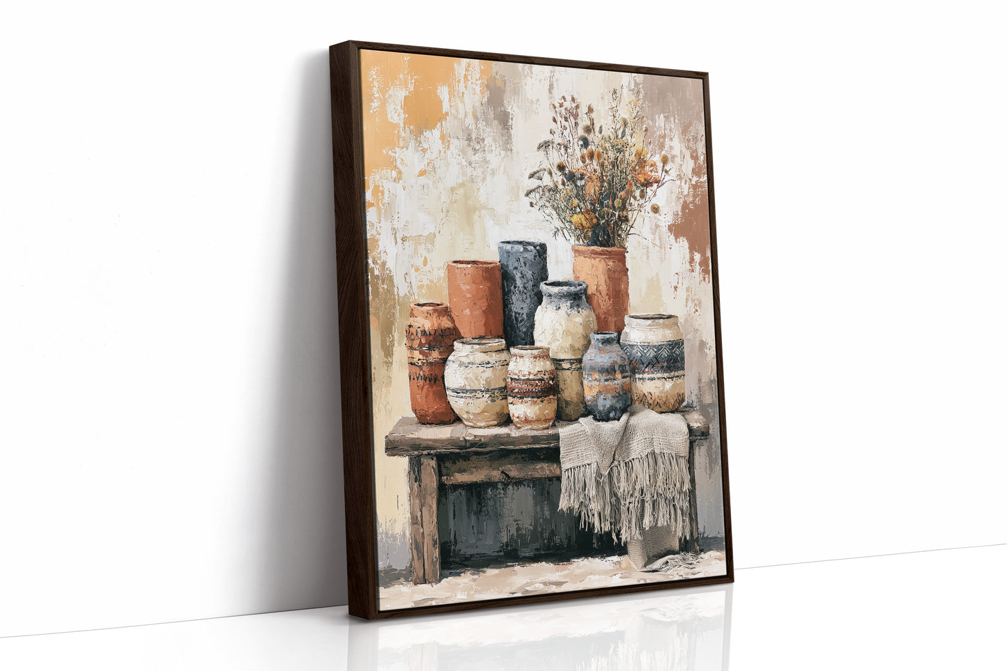 Bench of Boho Pots and Dried Blooms