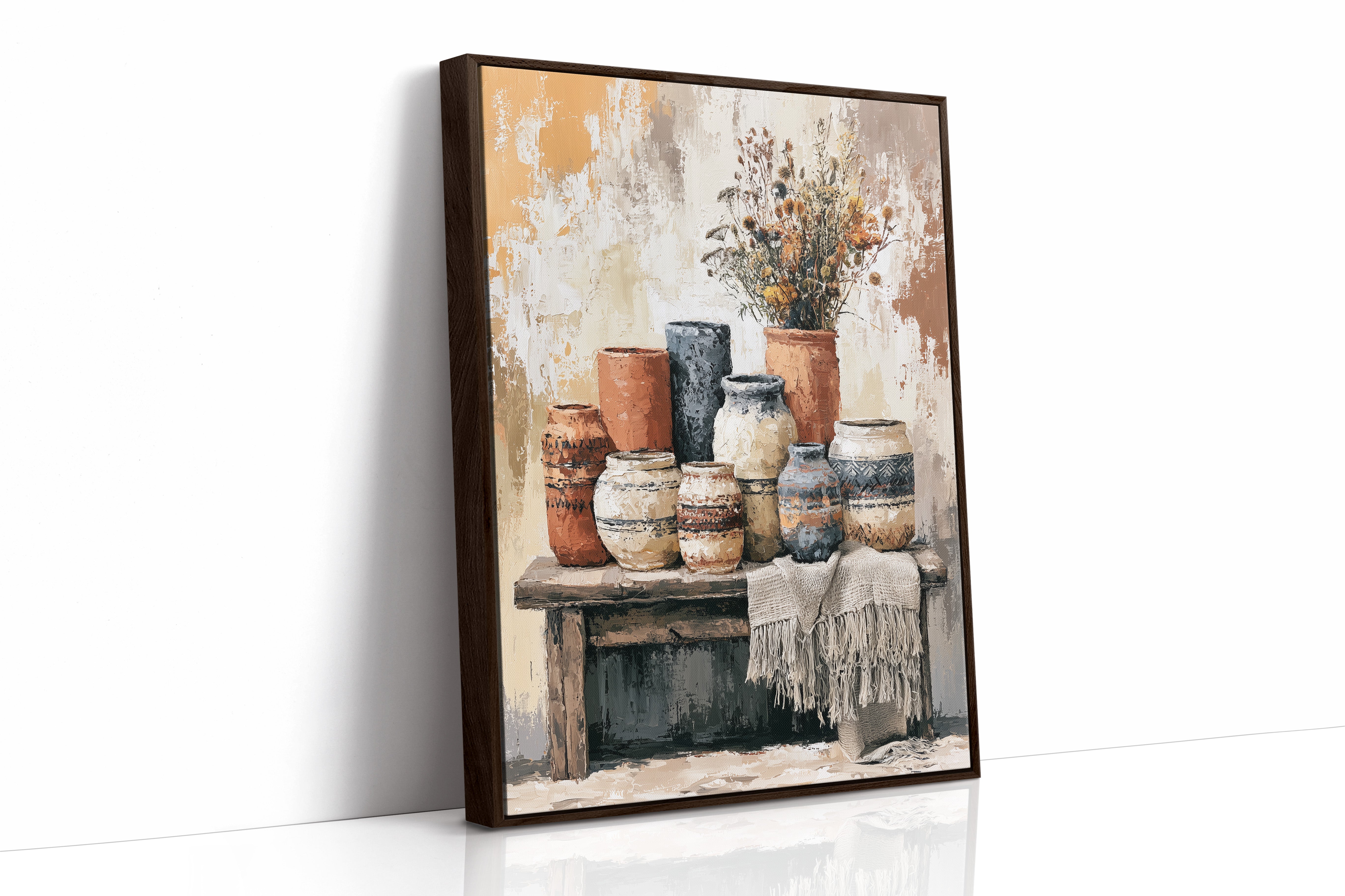 Bench of Boho Pots and Dried Blooms