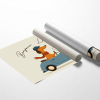 Bonjour La Vie Canvas Art | French Dachshund Driving Convertible Print for Living Room, Office or Dog Lover Décor