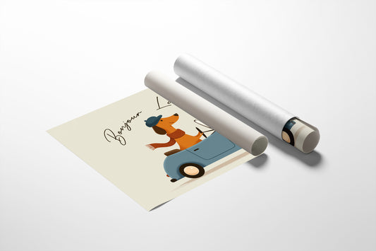 Bonjour La Vie Canvas Art | French Dachshund Driving Convertible Print for Living Room, Office or Dog Lover Décor