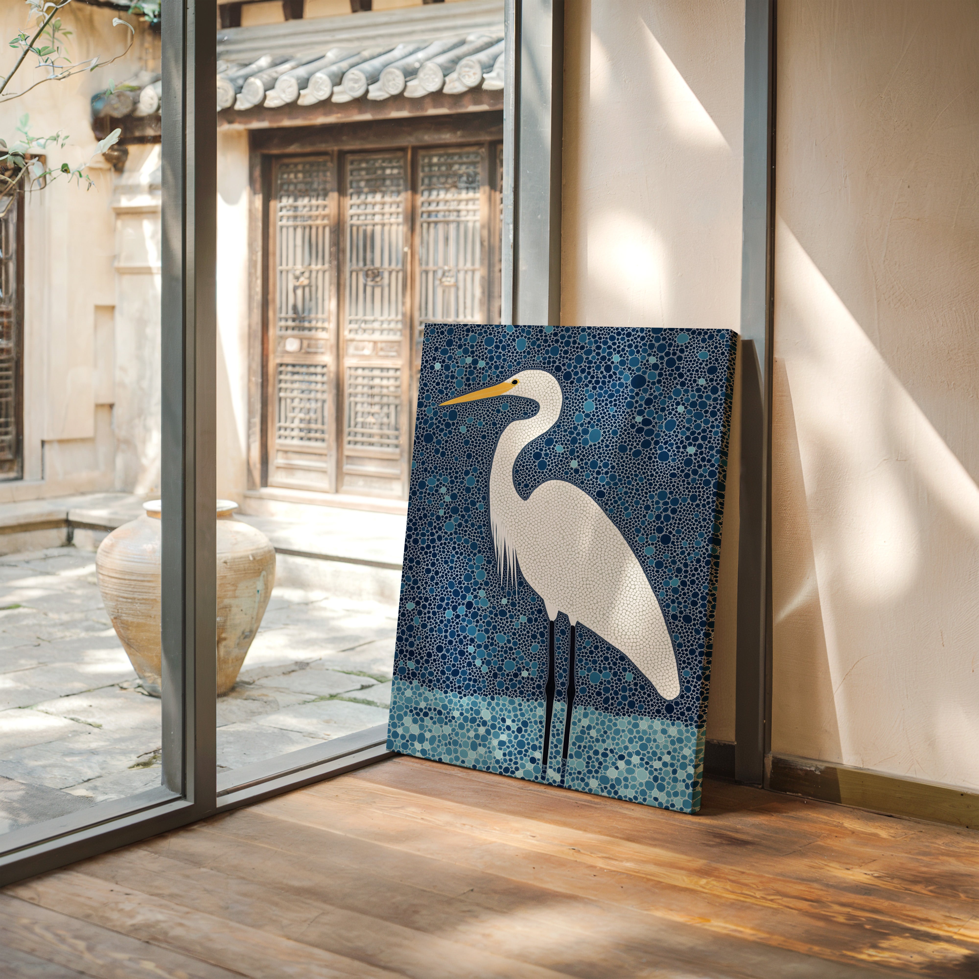 Elegant White Egret – Mosaic-Inspired Bird Wall Art