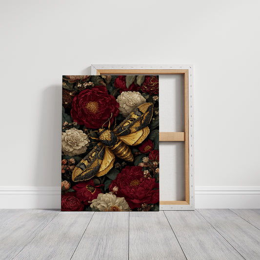 Golden Moth Among Crimson Blooms