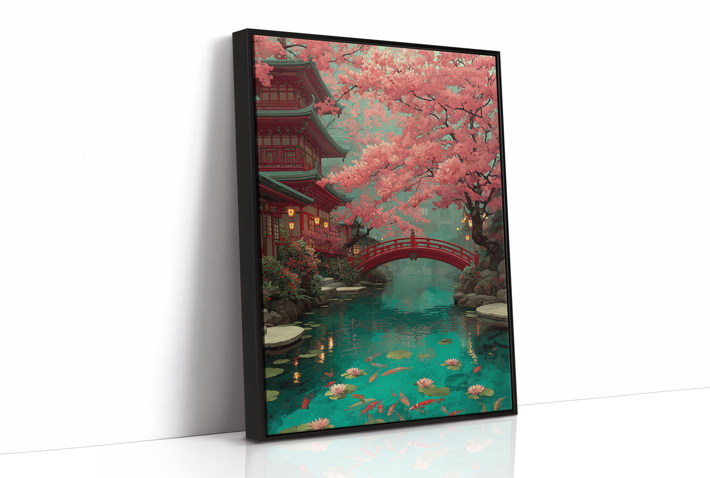 Cherry Blossoms Dance Above Koi Pond