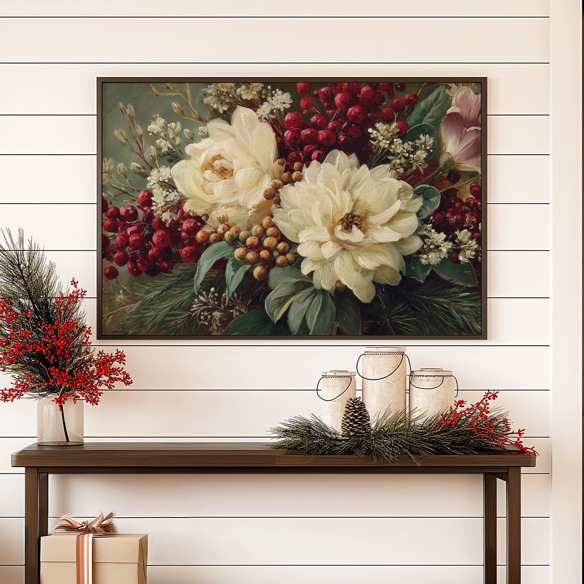 Winter Peonies Meet Crimson Berries