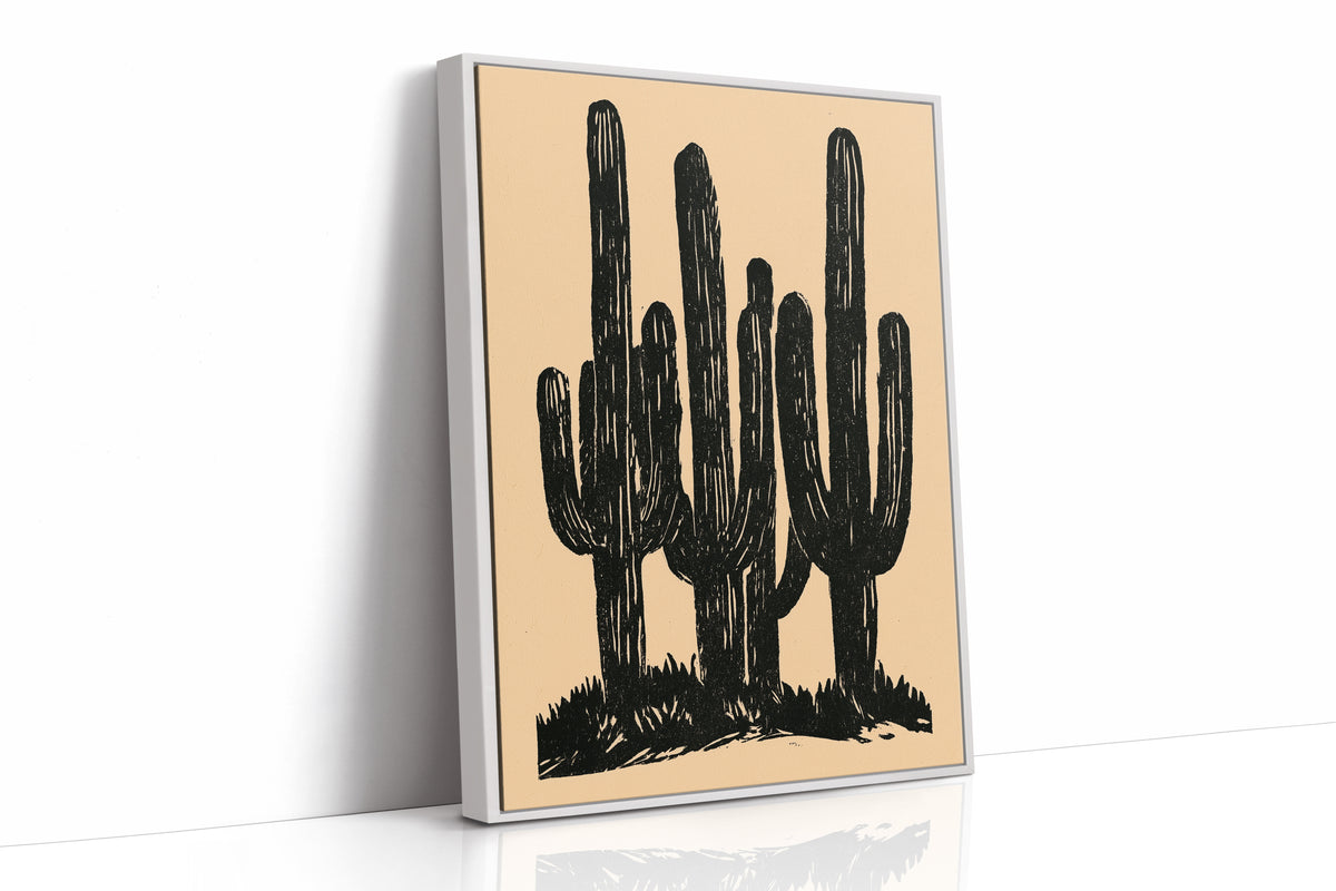 Saguaros in Silhouette, Block Print Style