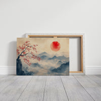 Japanese Red Sun & Misty Mountain Wall Art – Zen Ink Wash Landscape