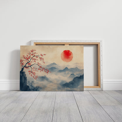Japanese Red Sun & Misty Mountain Wall Art – Zen Ink Wash Landscape