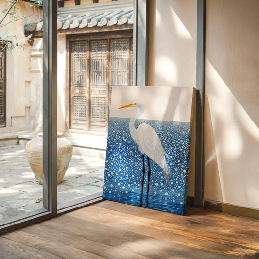 White Egret in Snowfall – Elegant Minimalist Bird Wall Art