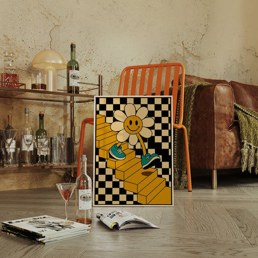 Groovy Daisy Vibes – Retro Checkerboard Flower Print