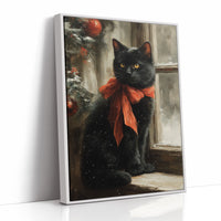 Midnight Cat Wears Holiday Ribbons